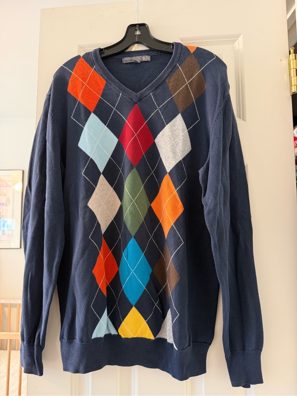 Old Navy V-Neck Argyle Sweater with Multicolor Diamonds 100% Cotton